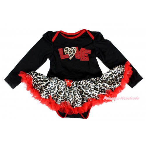 Valentine's Day Black Long Sleeve Bodysuit Leopard Red Pettiskirt & Sparkle Red Leopard Love Print JS4224